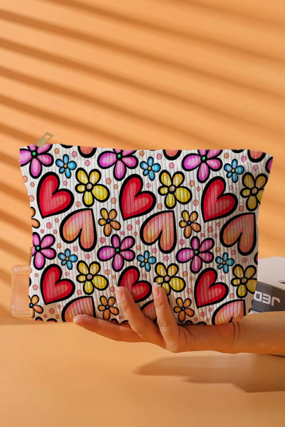New Dear-Lover Heart Flower Print Corduroy Large Makeup Bag Fiery Red
