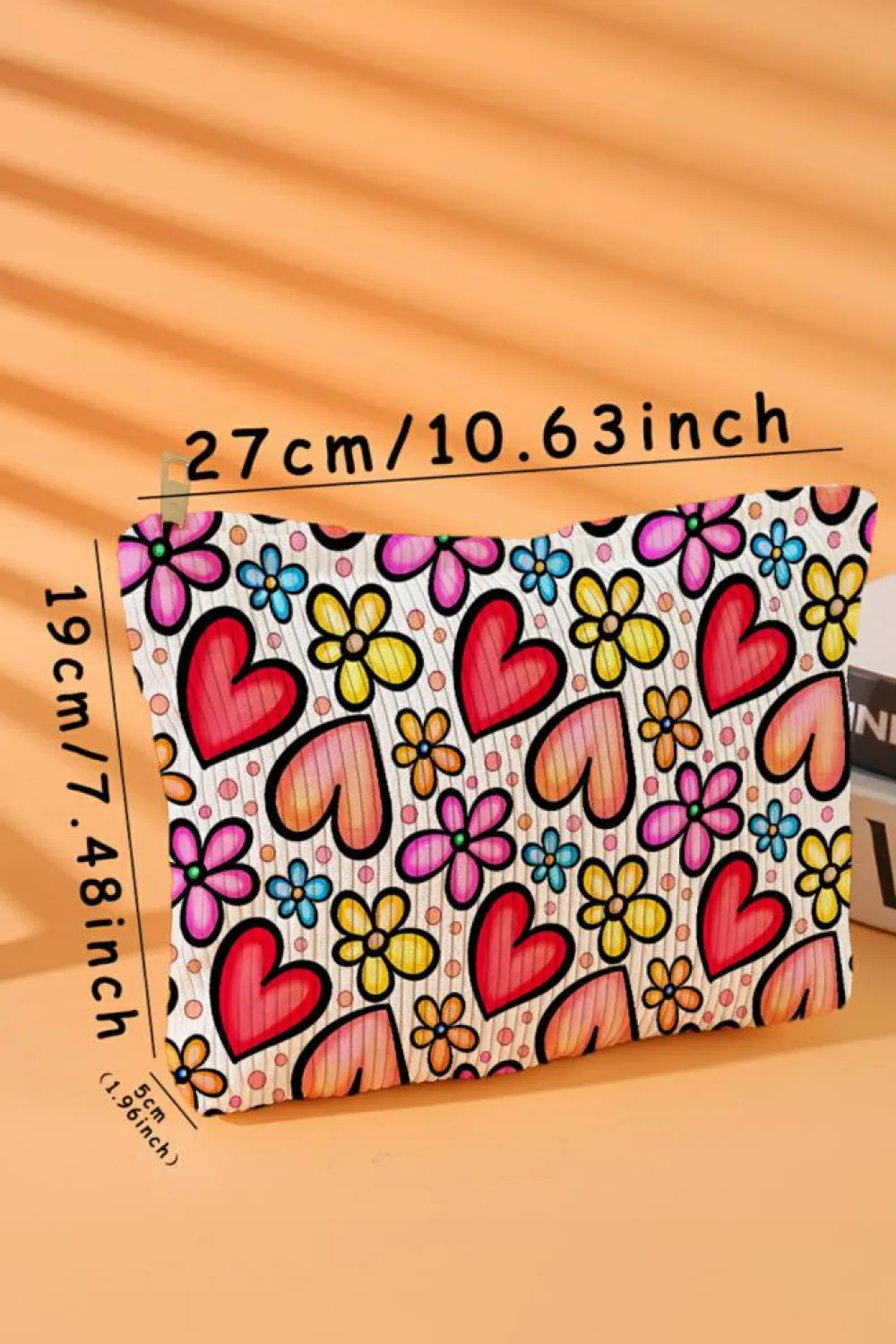 New Dear-Lover Heart Flower Print Corduroy Large Makeup Bag Fiery Red