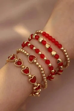 Outlet Dear-Lover Heart Shape Plated Beaded Elastic Bracelet Set Fiery Red