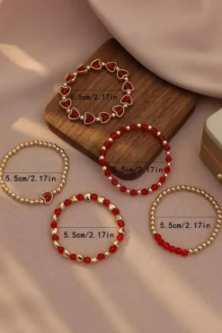 Outlet Dear-Lover Heart Shape Plated Beaded Elastic Bracelet Set Fiery Red
