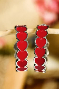 Hot Dear-Lover Hearts Decor Alloy C-shape Hoop Earrings Fiery Red