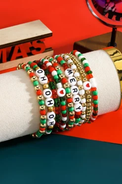 Fashion Dear-Lover HO HO HO MERRY Beaded Multi-Layer Bracelet Fiery Red