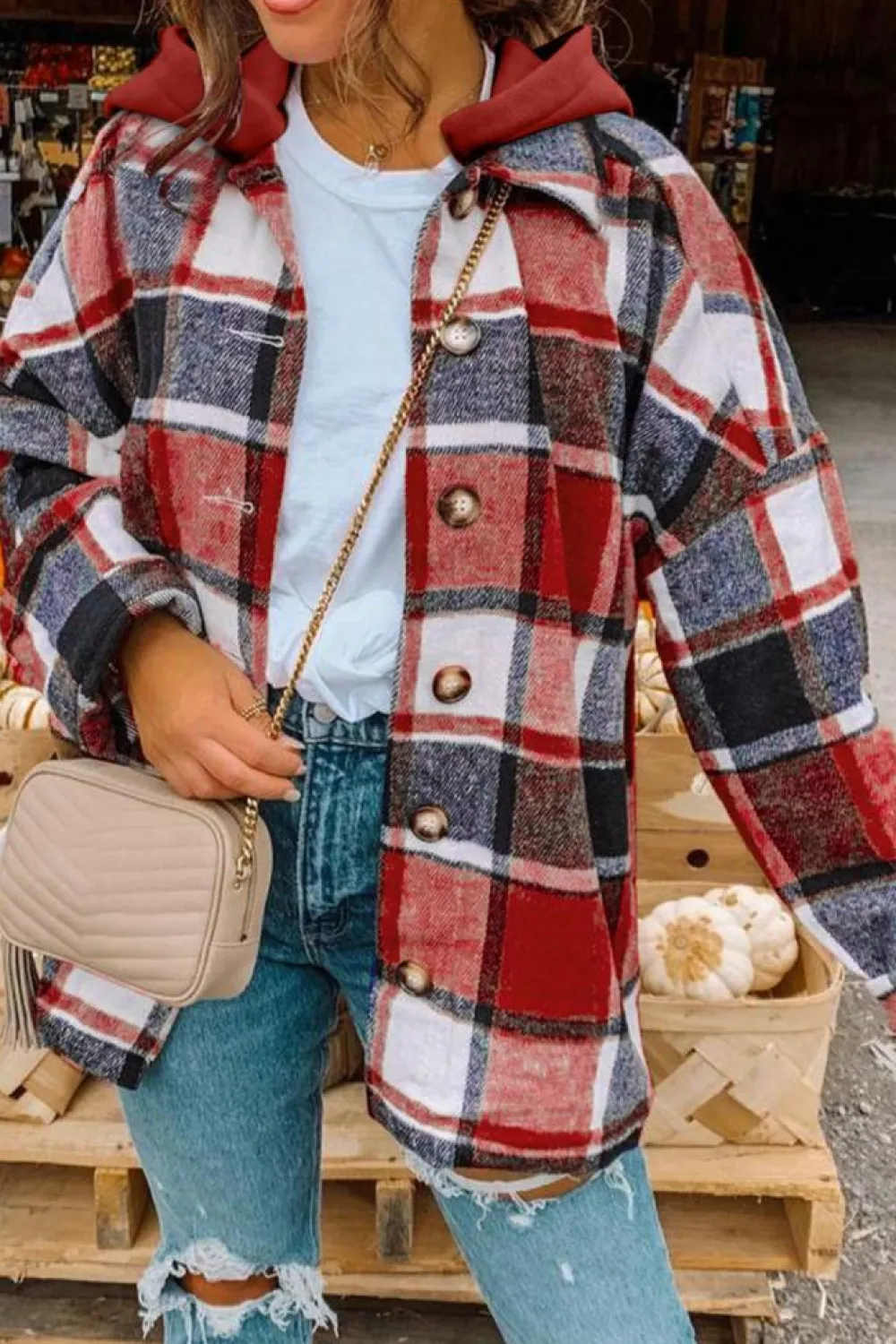 Best Dear-Lover Hooded Plaid Button Front Shacket Fiery Red