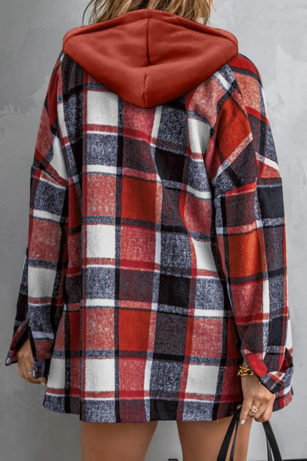 Best Dear-Lover Hooded Plaid Button Front Shacket Fiery Red