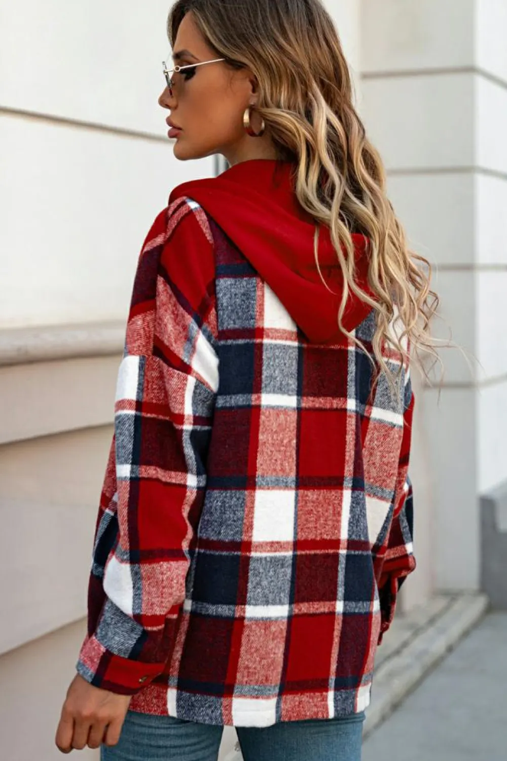 Best Dear-Lover Hooded Plaid Button Front Shacket Fiery Red