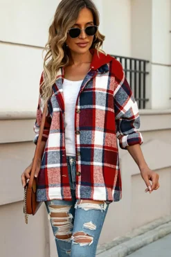Best Dear-Lover Hooded Plaid Button Front Shacket Fiery Red