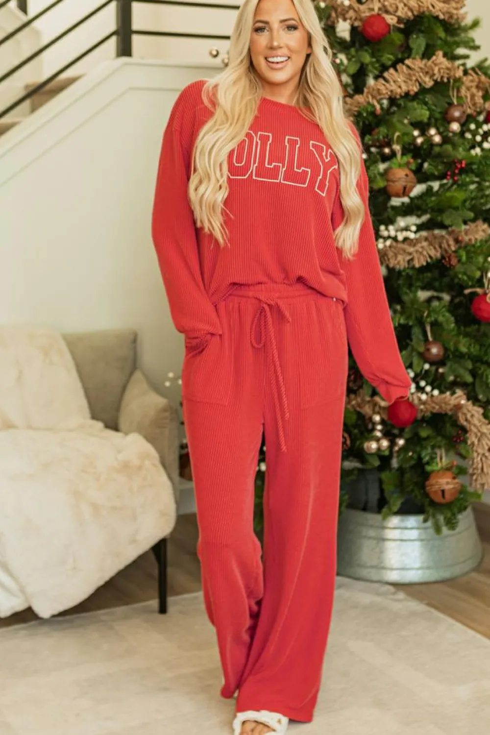 Discount Dear-Lover JOLLY Corded Long Sleeve Top and Pockets Pants Set Fiery Red