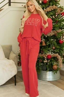Discount Dear-Lover JOLLY Corded Long Sleeve Top and Pockets Pants Set Fiery Red