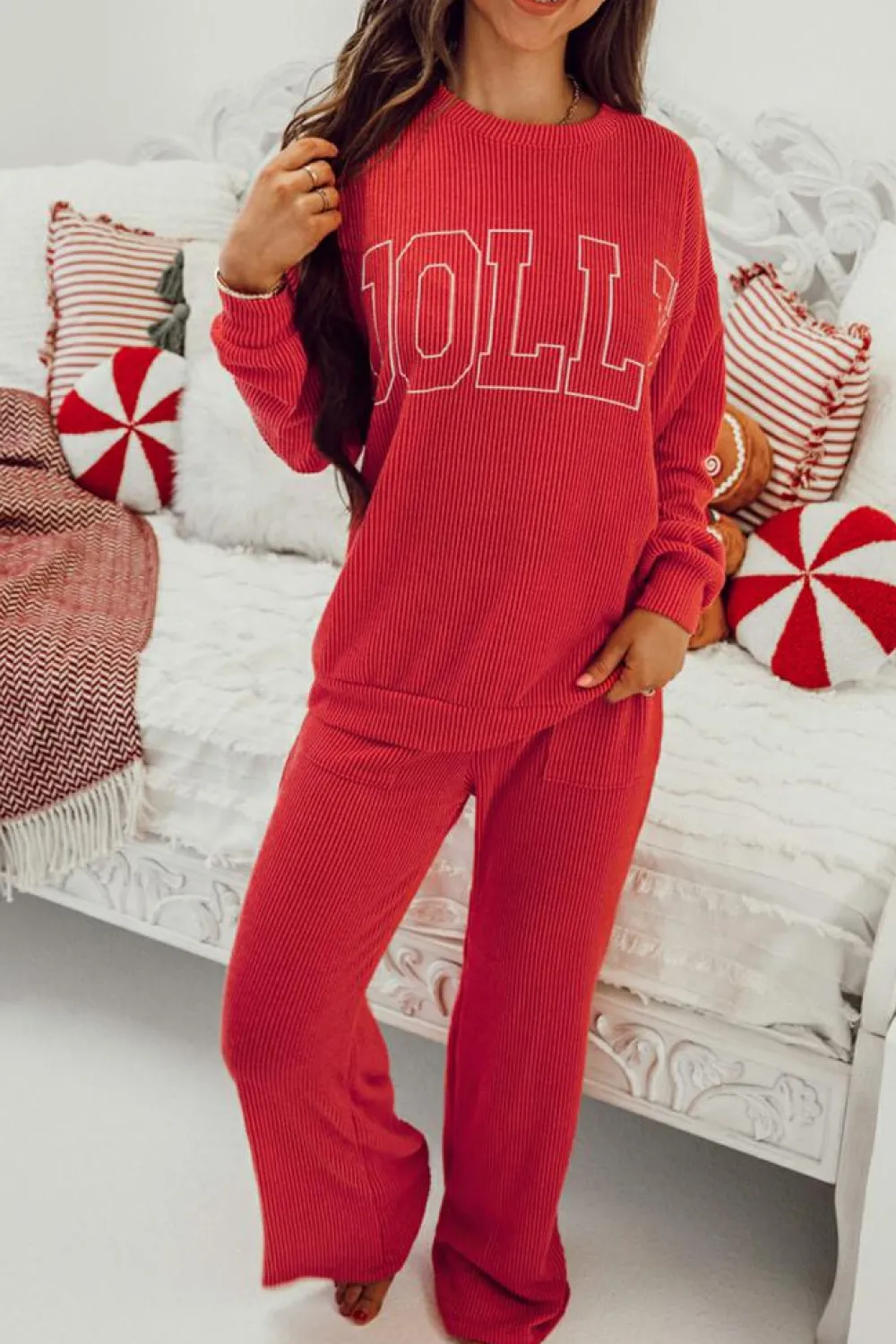 Discount Dear-Lover JOLLY Corded Long Sleeve Top and Pockets Pants Set Fiery Red