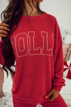 Discount Dear-Lover JOLLY Corded Long Sleeve Top and Pockets Pants Set Fiery Red
