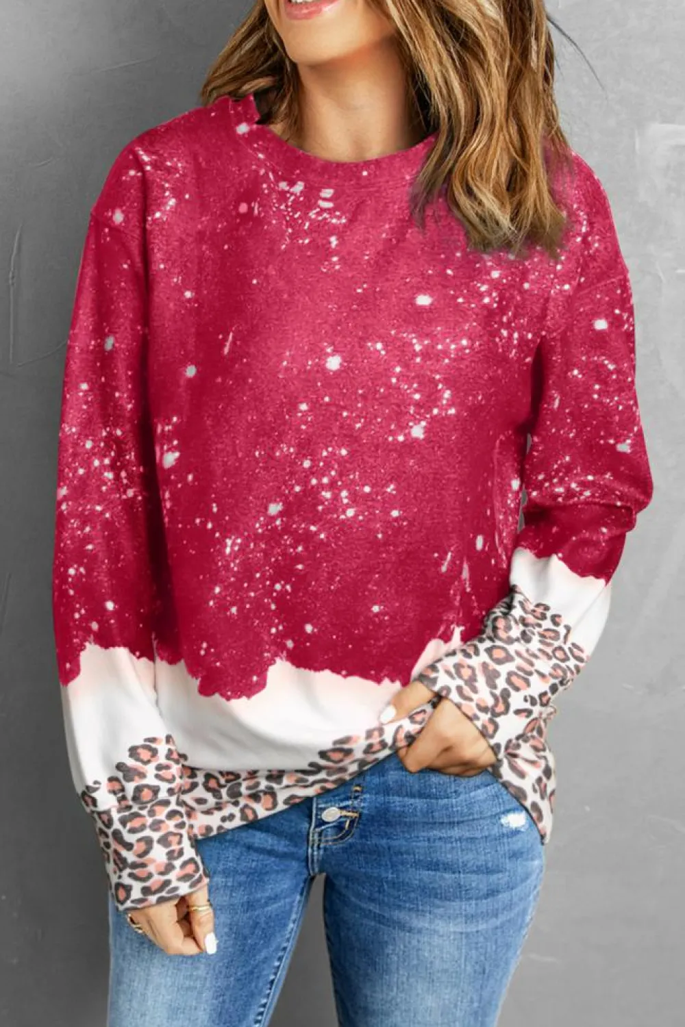 Clearance Dear-Lover Leopard Bleached Pullover Sweatshirt Fiery Red
