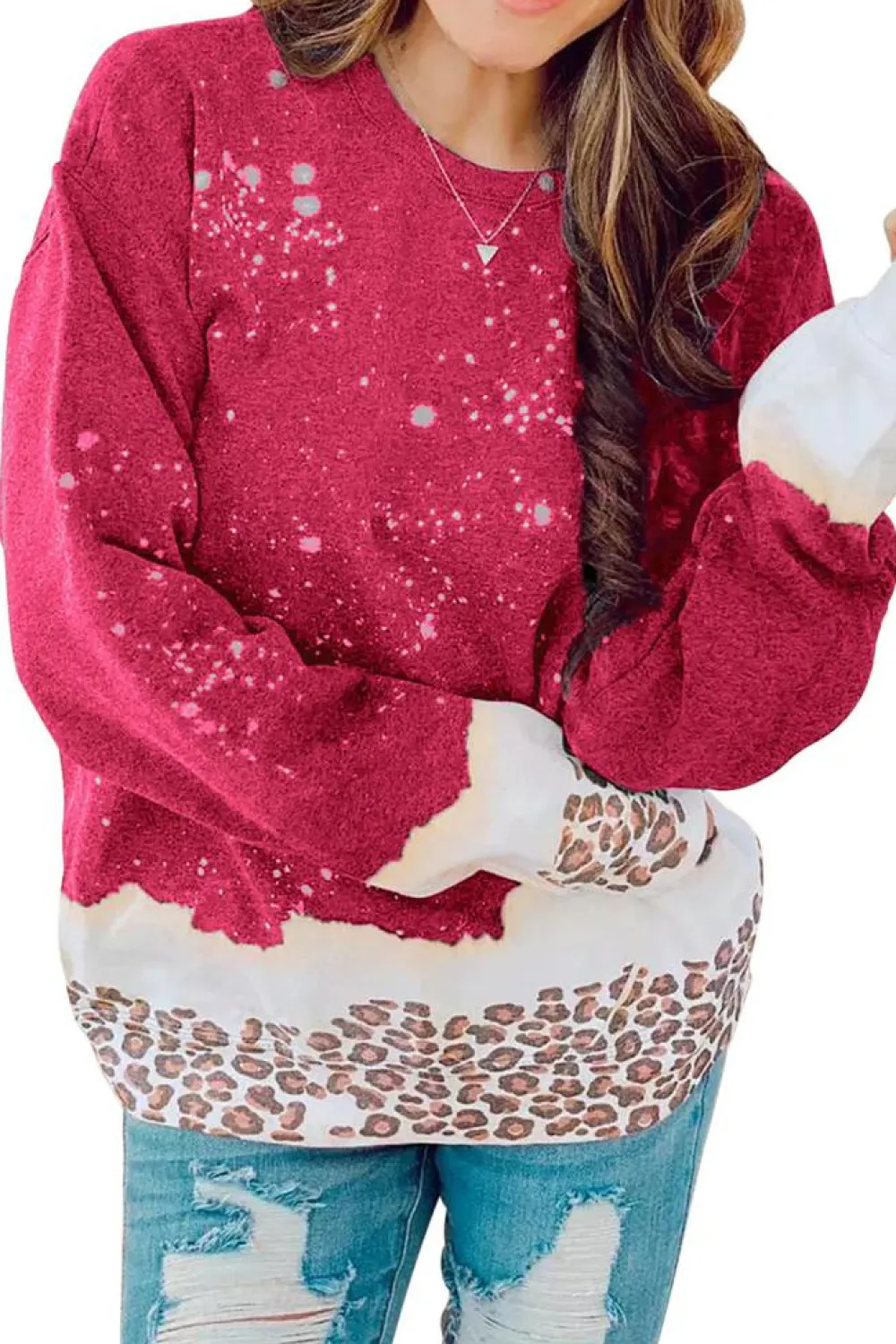 Clearance Dear-Lover Leopard Bleached Pullover Sweatshirt Fiery Red