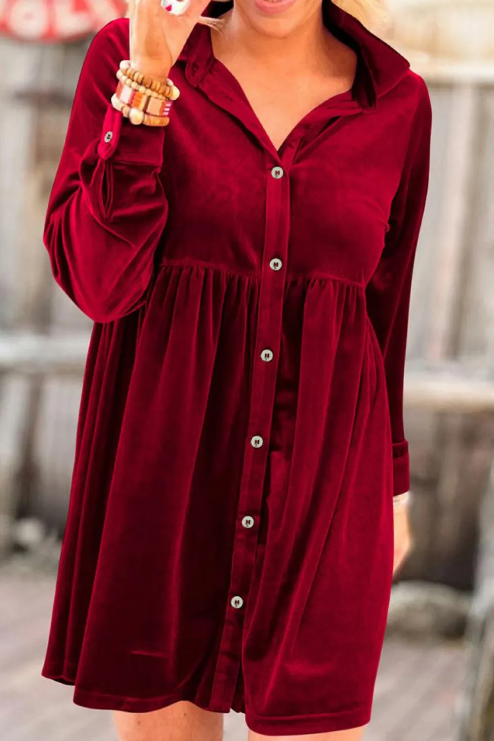 Fashion Dear-Lover Long Sleeve Ruffle Velvet Button Up Dress Fiery Red