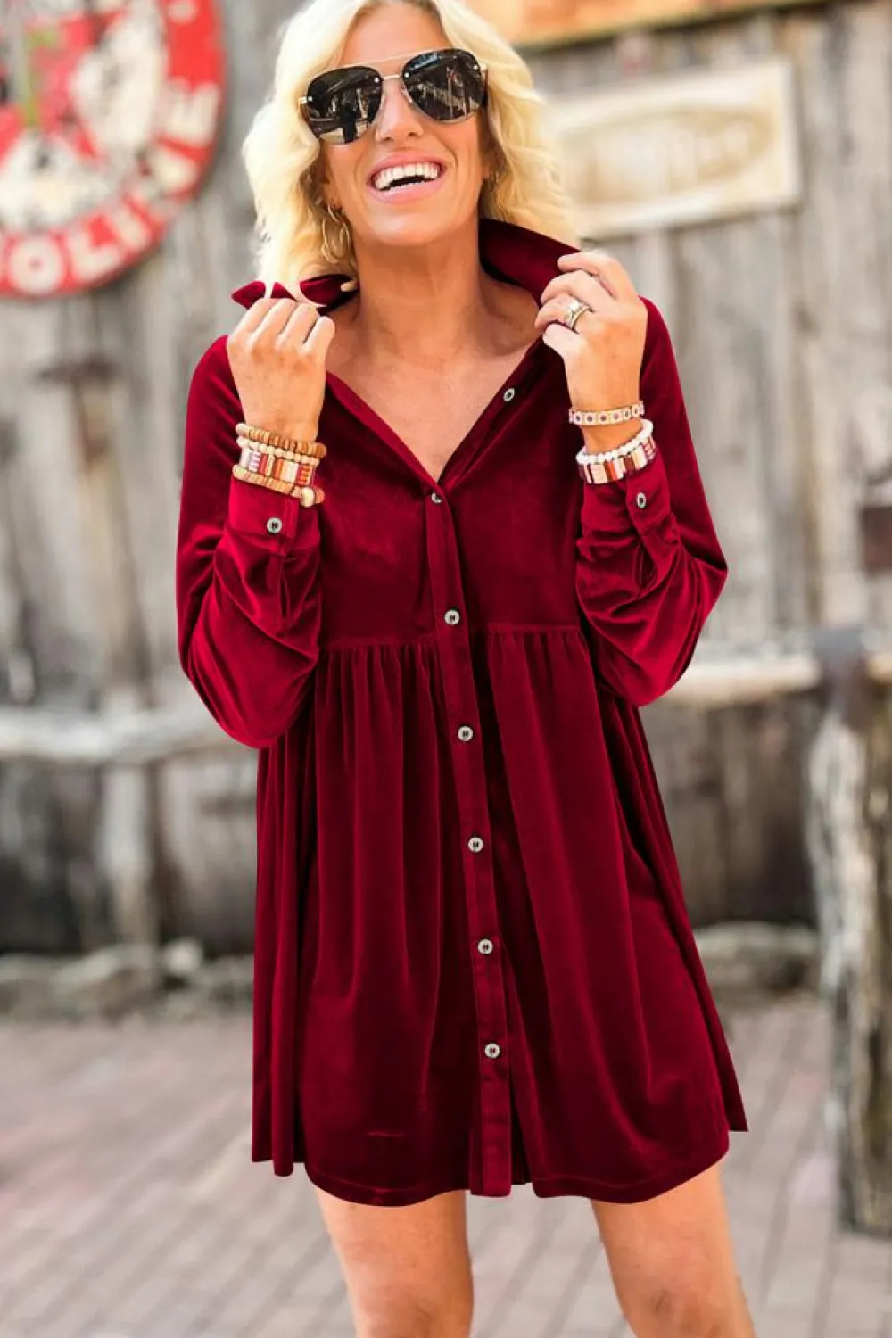 Fashion Dear-Lover Long Sleeve Ruffle Velvet Button Up Dress Fiery Red