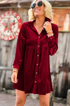 Fashion Dear-Lover Long Sleeve Ruffle Velvet Button Up Dress Fiery Red