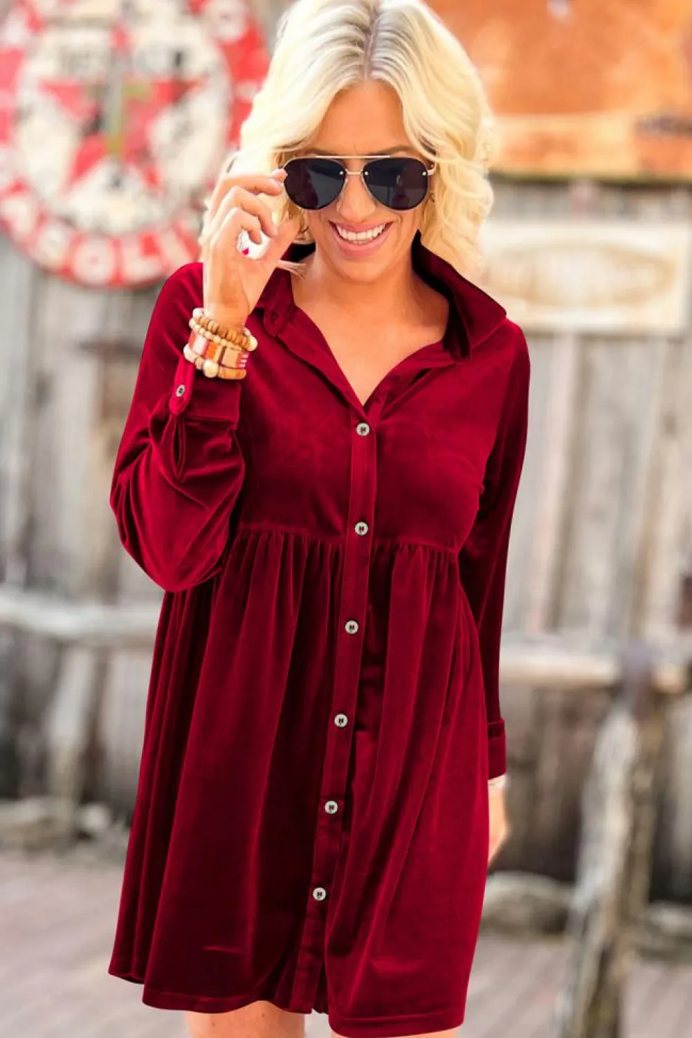 Fashion Dear-Lover Long Sleeve Ruffle Velvet Button Up Dress Fiery Red