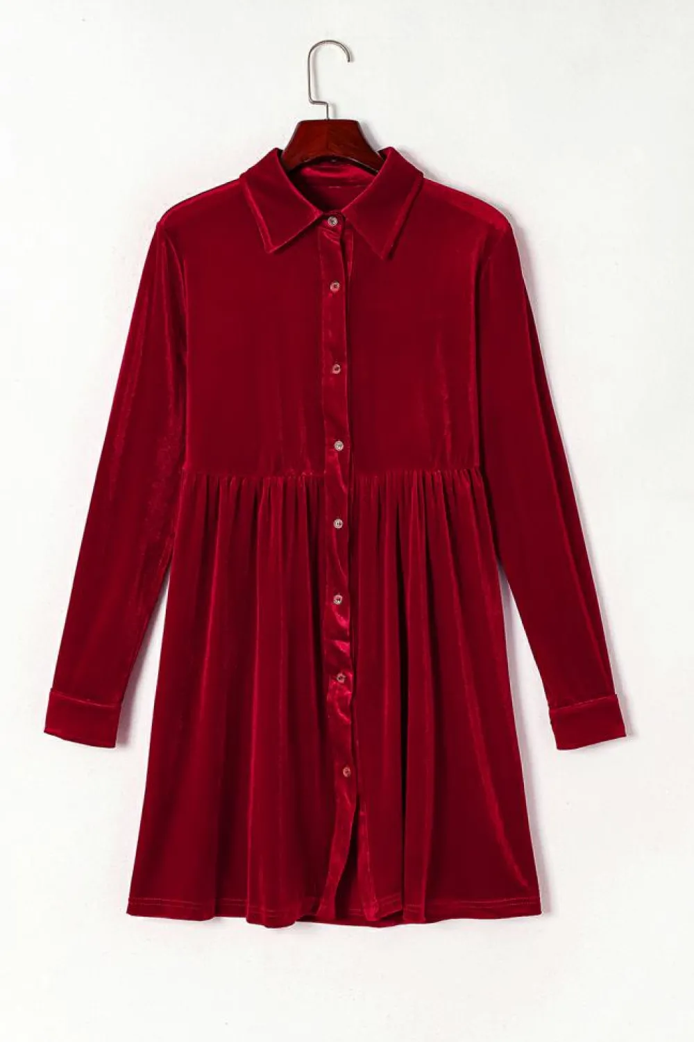 Fashion Dear-Lover Long Sleeve Ruffle Velvet Button Up Dress Fiery Red