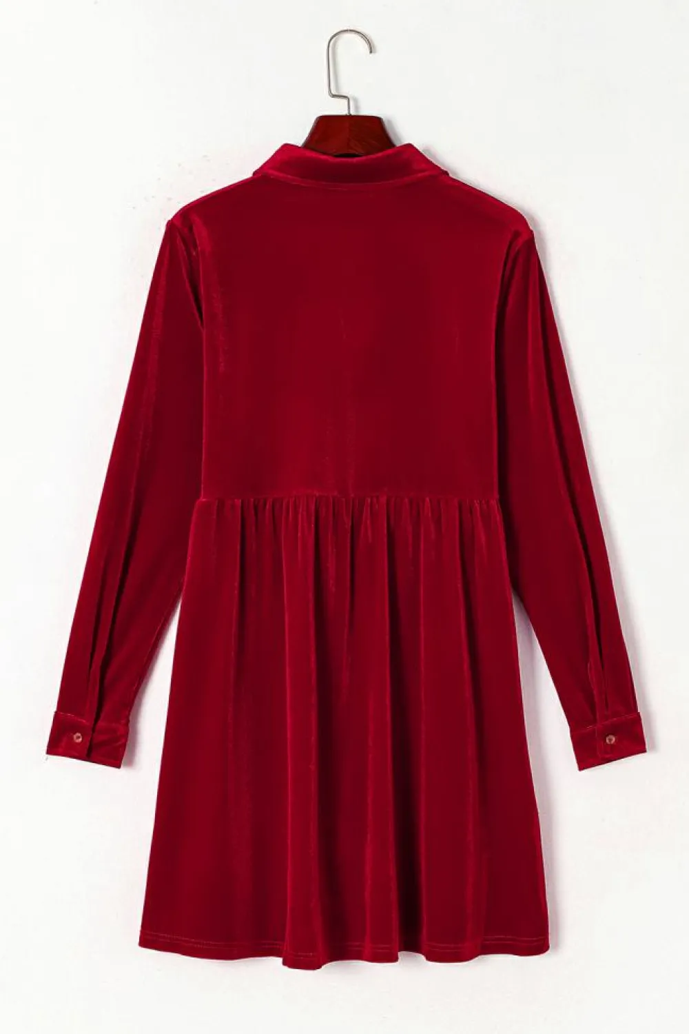 Fashion Dear-Lover Long Sleeve Ruffle Velvet Button Up Dress Fiery Red