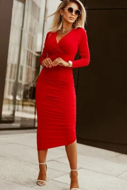 Discount Dear-Lover Long Sleeves Wrap V Neck Ruched Sheath Bodycon Dress Fiery Red