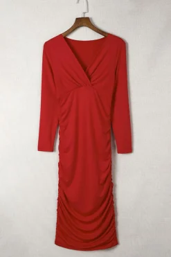 Discount Dear-Lover Long Sleeves Wrap V Neck Ruched Sheath Bodycon Dress Fiery Red