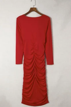 Discount Dear-Lover Long Sleeves Wrap V Neck Ruched Sheath Bodycon Dress Fiery Red