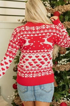 Clearance Dear-Lover Merry Christmas Reindeer Heart Pattern High Neck Sweater Fiery Red