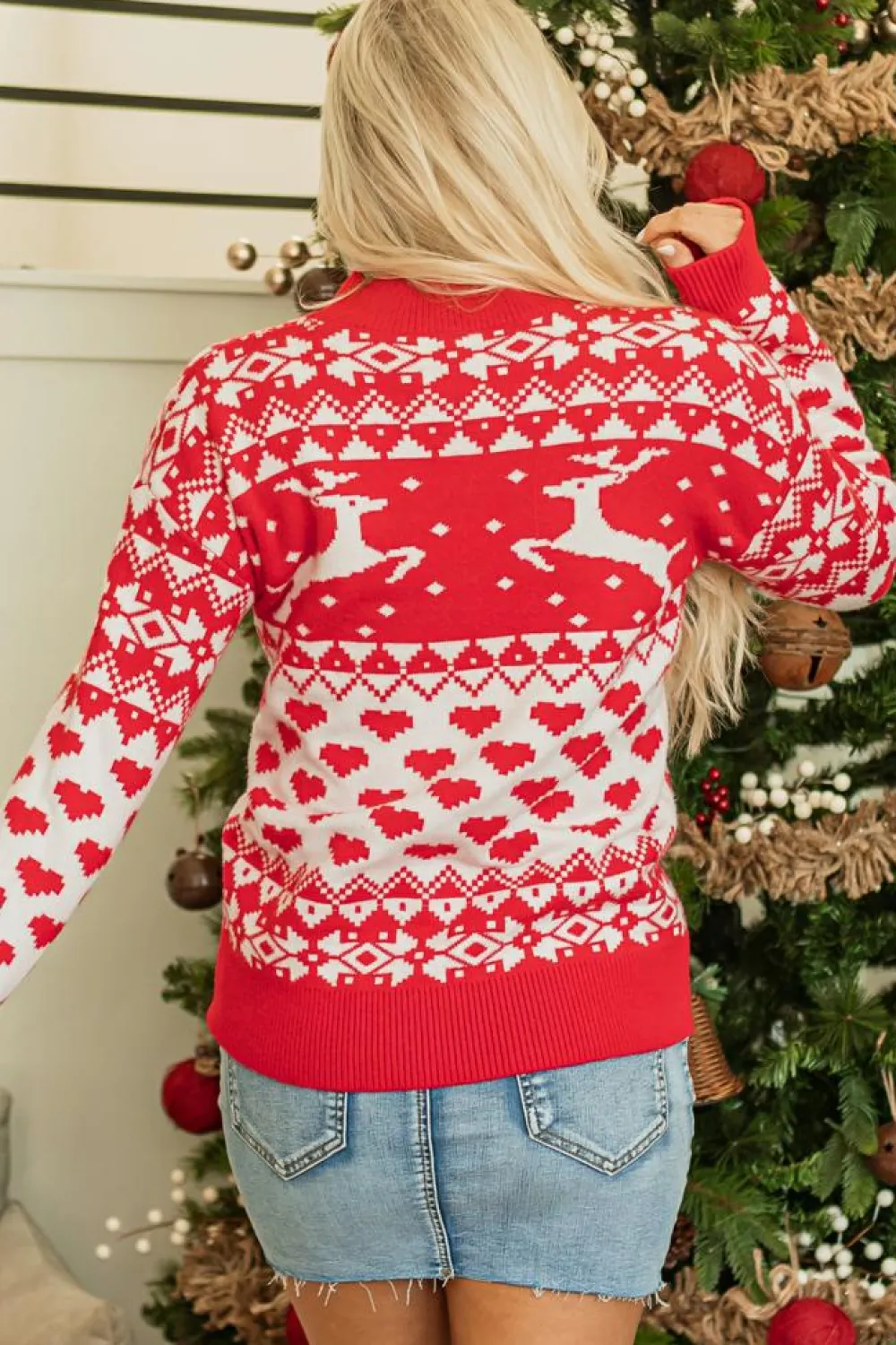 Clearance Dear-Lover Merry Christmas Reindeer Heart Pattern High Neck Sweater Fiery Red