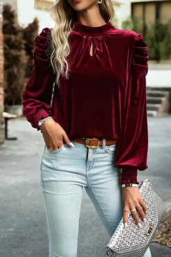 Hot Dear-Lover Mock Neck Puff Sleeve Velvet Blouse Fiery Red