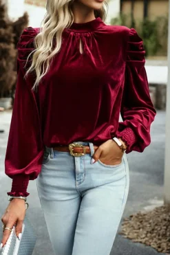 Hot Dear-Lover Mock Neck Puff Sleeve Velvet Blouse Fiery Red