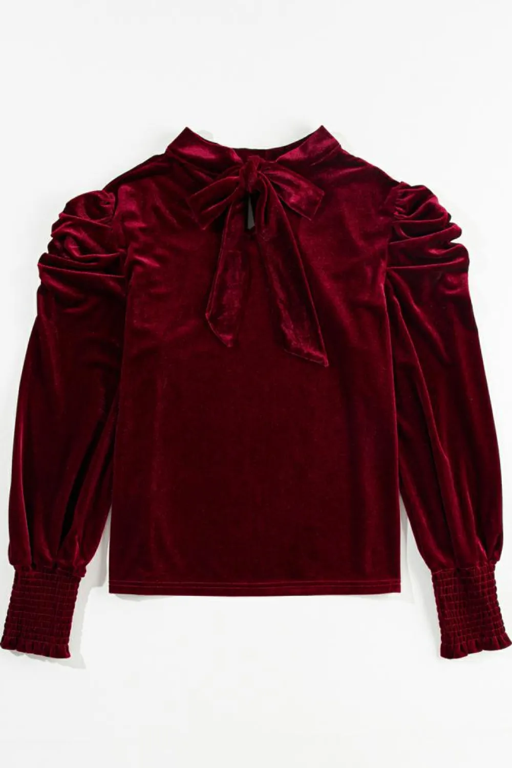 Hot Dear-Lover Mock Neck Puff Sleeve Velvet Blouse Fiery Red