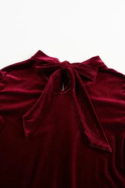 Hot Dear-Lover Mock Neck Puff Sleeve Velvet Blouse Fiery Red