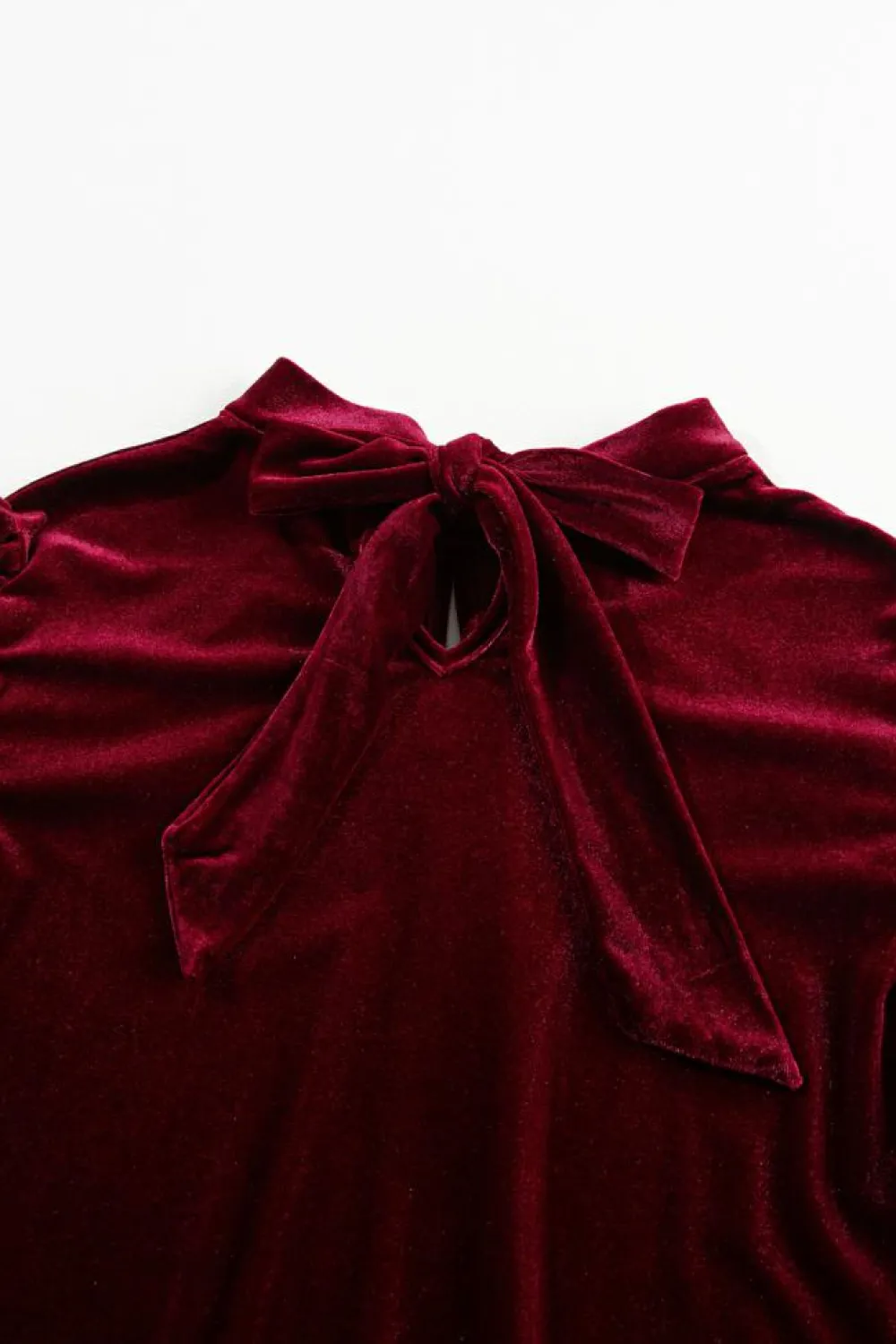 Hot Dear-Lover Mock Neck Puff Sleeve Velvet Blouse Fiery Red