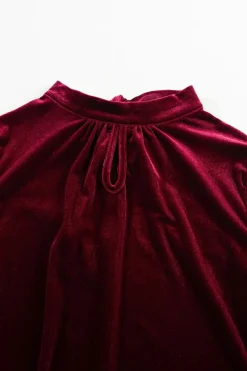 Hot Dear-Lover Mock Neck Puff Sleeve Velvet Blouse Fiery Red