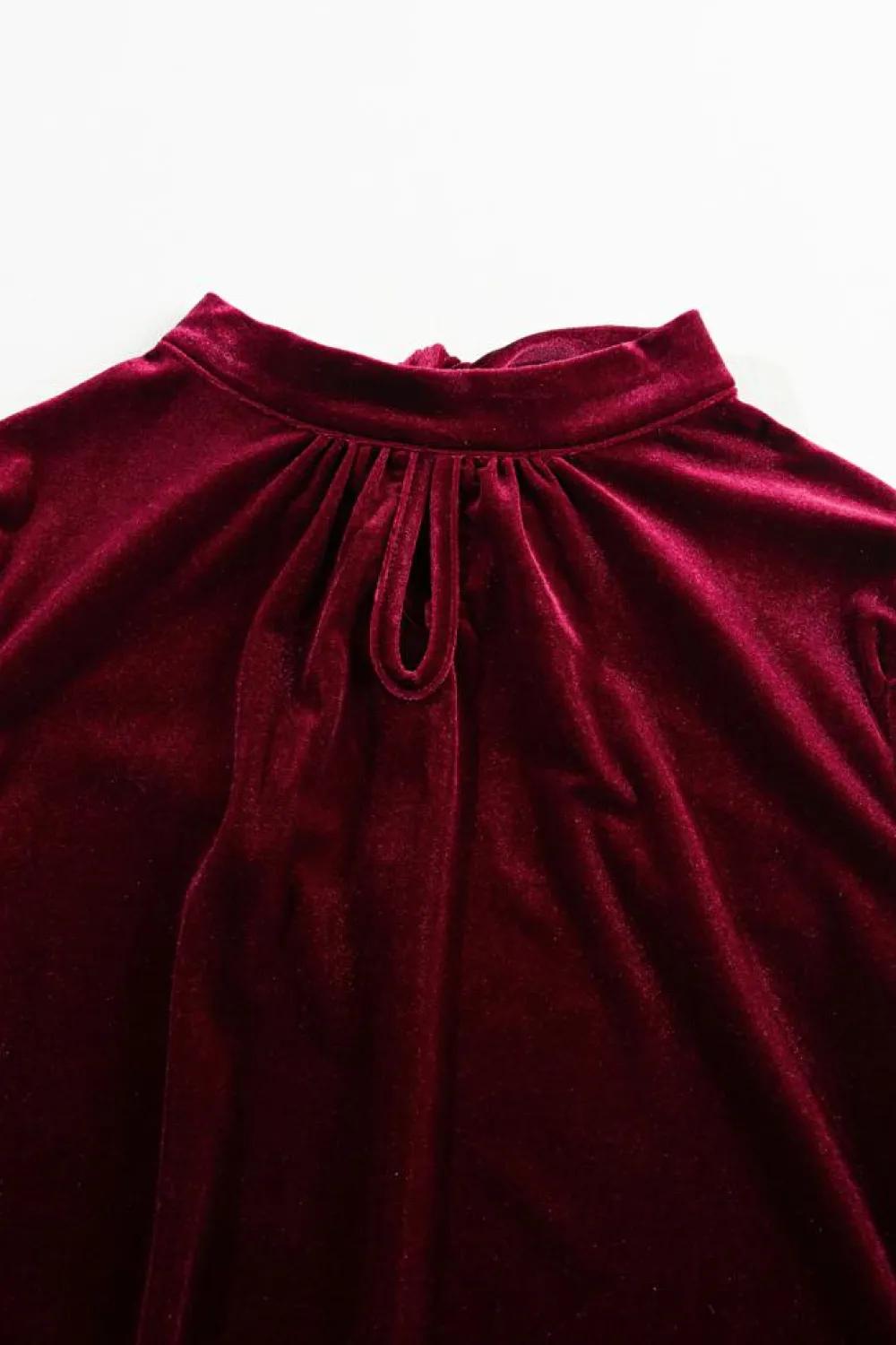 Hot Dear-Lover Mock Neck Puff Sleeve Velvet Blouse Fiery Red