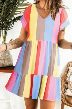 Sale Dear-Lover Multicolor Striped Color Block Tiered Mini Dress Fiery Red