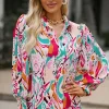 Fashion Dear-Lover Paisley Print 3/4 Lantern Sleeve Shirt Fiery Red
