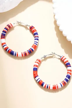 Discount Dear-Lover Patriotic Multicolored Bead Hoop Earrings Fiery Red
