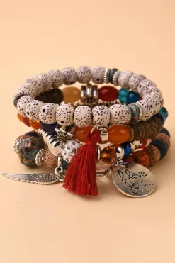 Outlet Dear-Lover 4pcs Wing Shape Tassel Pendant Beaded Bracelet Set Fiery Red