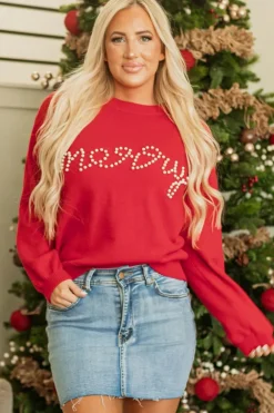 Online Dear-Lover Pearl Beaded Merry Casual Sweater Fiery Red