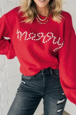 Online Dear-Lover Pearl Beaded Merry Casual Sweater Fiery Red