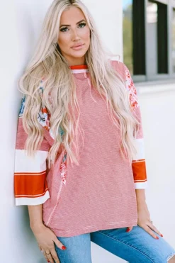 Discount Dear-Lover Pinstriped Color Block Patchwork Oversized Top Fiery Red