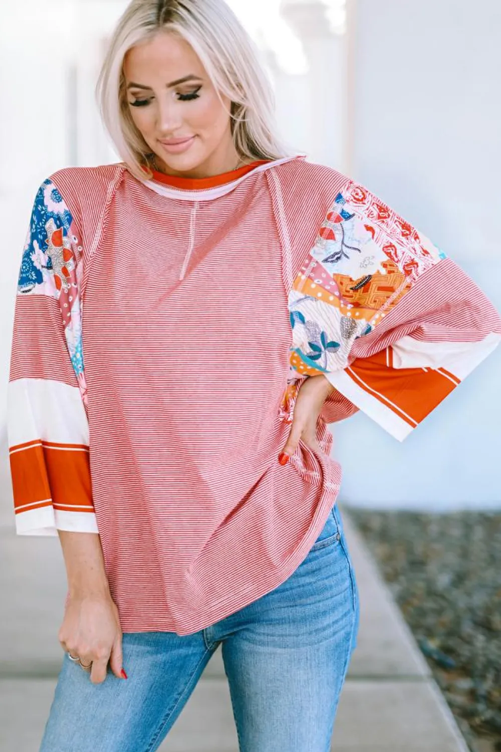 Discount Dear-Lover Pinstriped Color Block Patchwork Oversized Top Fiery Red