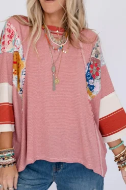 Discount Dear-Lover Pinstriped Color Block Patchwork Oversized Top Fiery Red