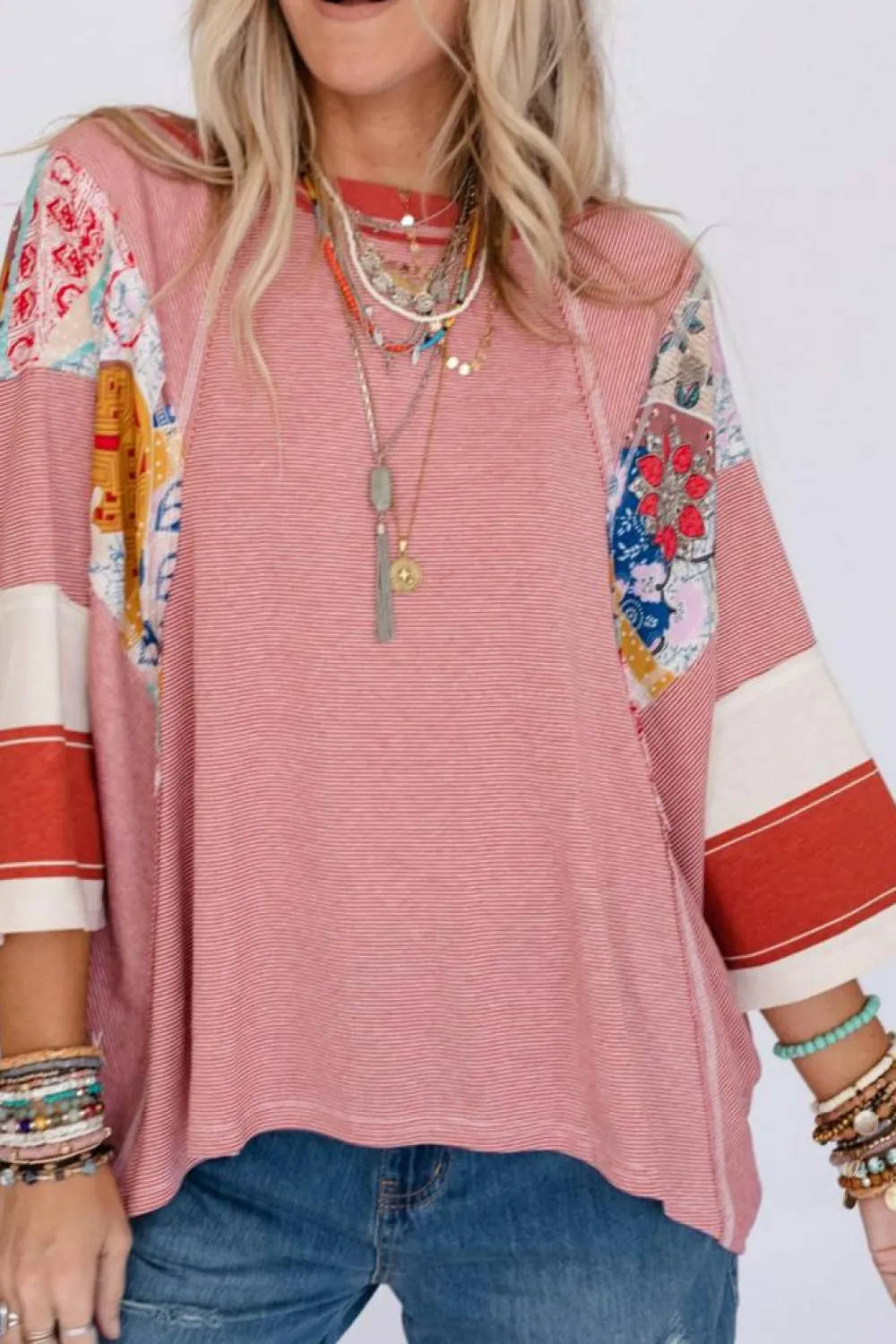 Discount Dear-Lover Pinstriped Color Block Patchwork Oversized Top Fiery Red