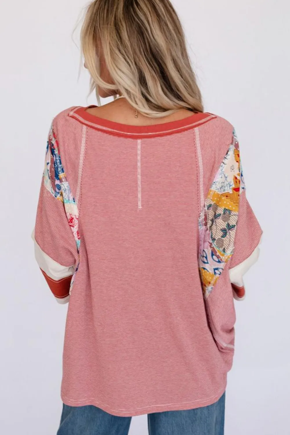 Discount Dear-Lover Pinstriped Color Block Patchwork Oversized Top Fiery Red