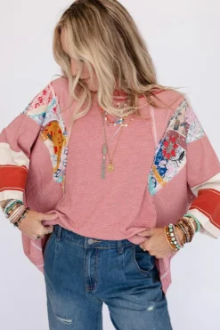 Discount Dear-Lover Pinstriped Color Block Patchwork Oversized Top Fiery Red