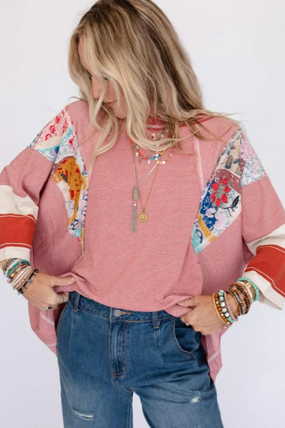 Discount Dear-Lover Pinstriped Color Block Patchwork Oversized Top Fiery Red