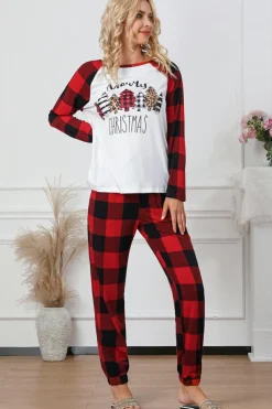 New Dear-Lover Plaid Merry Christmas Graphic Loungewear Set Fiery Red