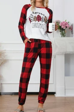 New Dear-Lover Plaid Merry Christmas Graphic Loungewear Set Fiery Red