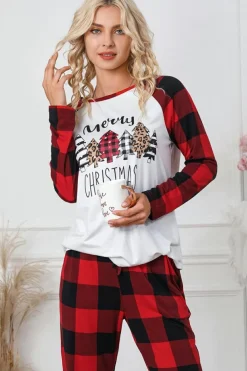 New Dear-Lover Plaid Merry Christmas Graphic Loungewear Set Fiery Red